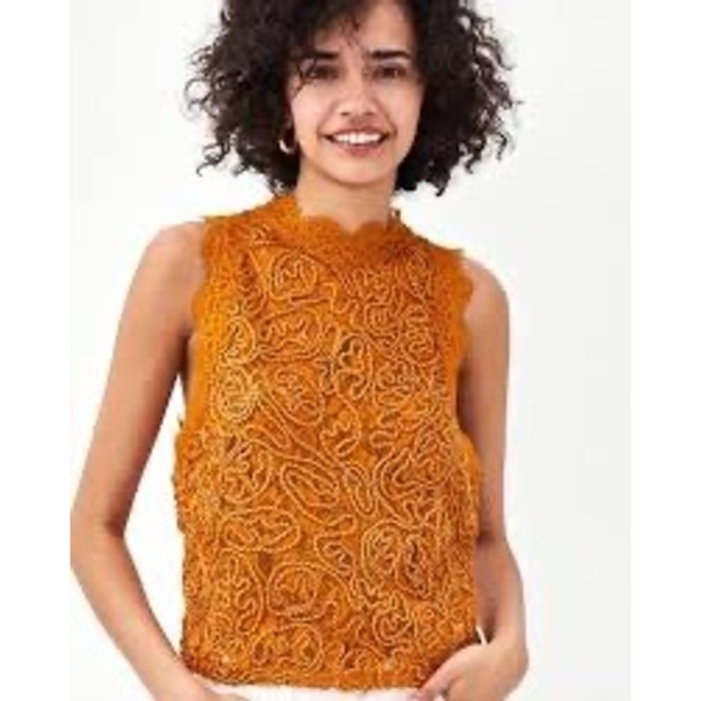 Zara Trafaluc Mustard Yellow Lace Mock Neck Sleeveless Crop Top S/S18 Full Zip